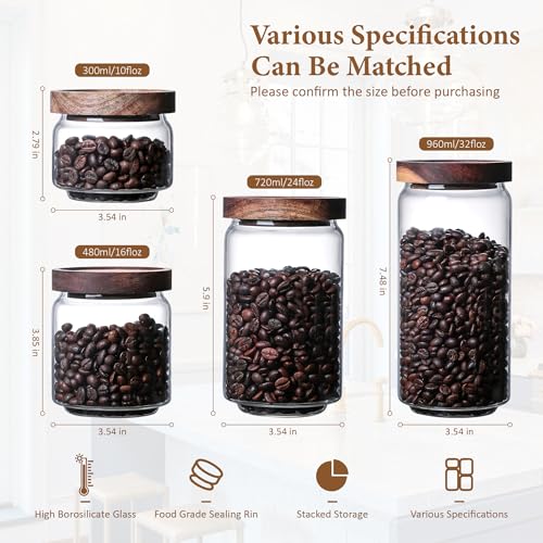 480ML 16Oz Clear Cute Glass Storage Canister Holder with Stackable Airtight Wood Lid
