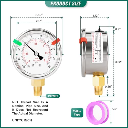 30inHG 30PSI Stainless Steel Liquid Filled Pressure Gauge