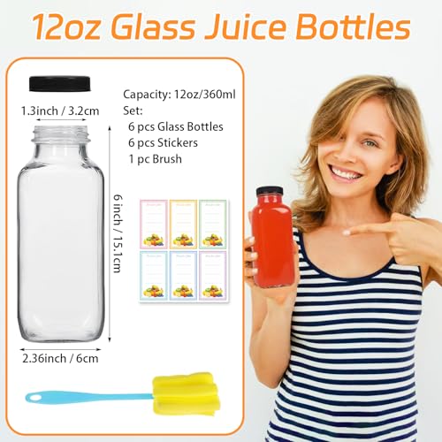 6 Pack 12oz Glass Drink Bottles with Lids