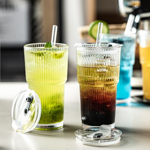 20oz Ribbed Drinking Glasses with Lids and Glass Straws