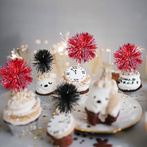 30Pcs Foil Firework Cupcake Toppers Sparkle Tinsel Cake Toppers Tinsel Drink Cake Decoration Cocktail Picks for Birthday Wedding Graduation Party Supplies Black Red (30 Count)
