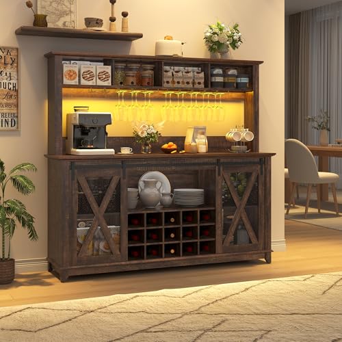 63"Wide 58"H Farmhouse Coffee Bar Cabinet with Power Outlet and LED Light