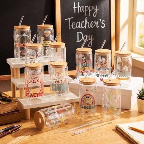12 Sets Back to School Teacher Gifts Teacher Appreciation Glass Cups with Bamboo Lids and Straws 16oz Can Shaped Glass Tumbler for Women Cute Iced Coffee Glasses End of Year Gift Set (12 Count)