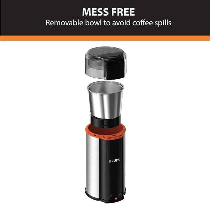 KRUPS: 3oz Coffee Grinder, Ultimate Silent Vortex Plastic and Stainless Steel Grinder with Removable Bowl Mess-Free, 8 Times Quieter, 2 Speeds 240 Watts,Dry Herbs,Dishwasher Safe,12 cups ground Silver