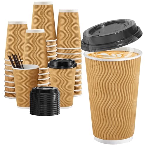 90 Pack 16 oz Disposable Coffee Cups with Lids and Straws (90 Count)