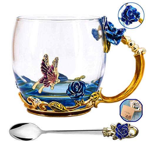 butterfly flower Glass Mug Tea Cup with Spoon Gifts For Women