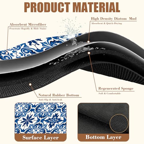 Dish Drying Mat Blue Portuguese Tiles Coffee Bar Mat for Countertop Absorbent Rubber Backed Hide Stain Dish Drainer Rack Pad Espresso Machine Cafe Table Dining Room Decoration 11.8 x 19.7 Inch