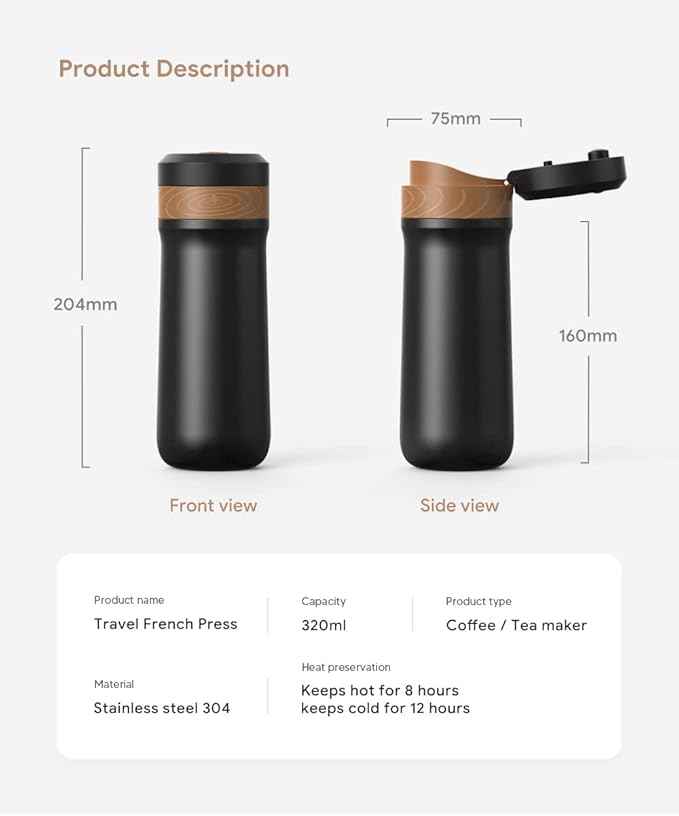 Portable French Press Coffee Maker Travel French Coffee Maker Stainless Steel Coffee Mug 12 oz Double Mesh Filter Great for Camping and Traveling