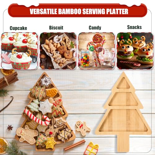Christmas Bamboo Serving Platter Christmas Tree Shape Wooden Serving Tray Multiple Spaces Charcuterie Board Holiday Decorative Serving Appetizer Platters for Home Candy Snack Salad Food