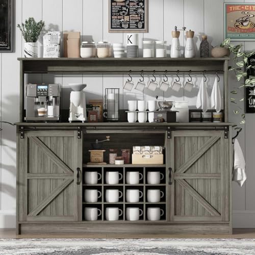 55" Farmhouse Coffee Bar Cabinet with Storage Hutch