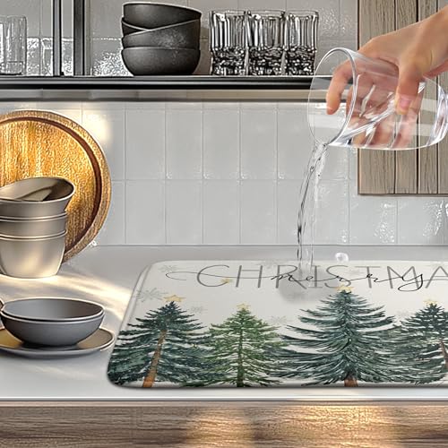 Merry Christma Trees Dish Drying Mat Winter Forest Large Kitchen Mats Dish Drying Pad Xmas Snow Absorbent Dish Dryer Mat for Kitchen Countertops Microfiber Drainer Pad Dish Drying Mats