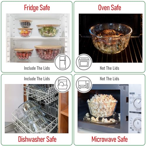 Large Stackable Glass Mixing Bowls with Bamboo Lids Set of 5