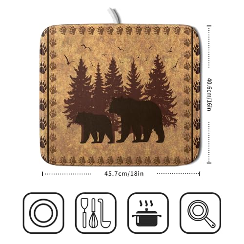 16"x18" Brown Bear Dish Drying Mat Rustic Forest Wildlife Woodland Dish Drainer Mats for Kitchen Countertop Farmhouse Animal Paw Print Fast Dry Microfiber Dish Drying Pad Decoration