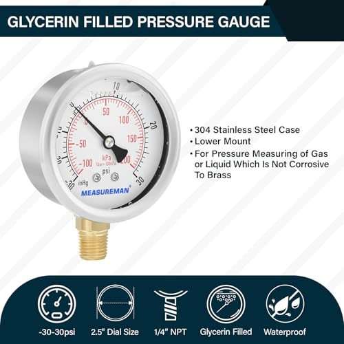 2-1/2" dial,Glycerin Filled, Stainless Steel case, Brass Inside, 30inHg/-100kpa-0-30psi/200kpa,1/4" NPT Lower Mount