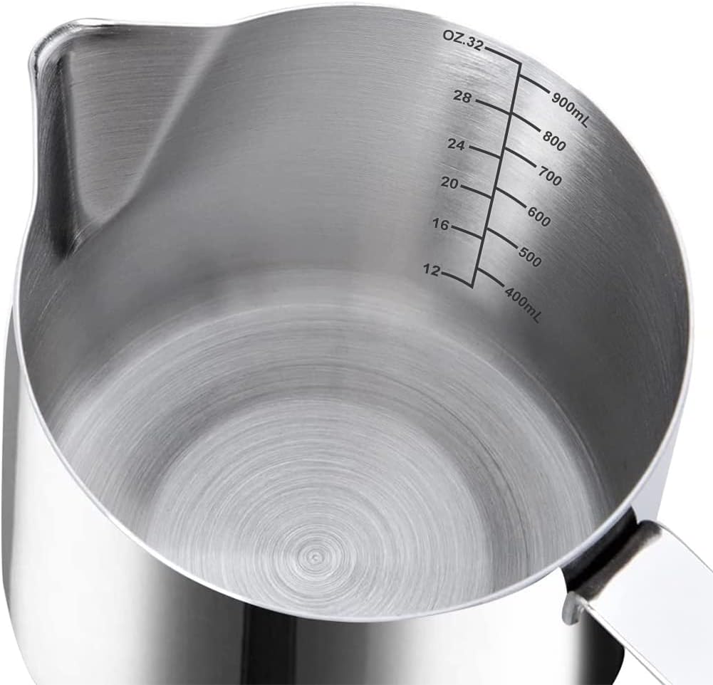 Milk Frothing Jug, Milk Frothing Pitcher Pouring Jug Espresso Cup with Measurement Inside 32oz/900ml Stainless Steel Creamer Cup for Making Coffee Cappuccino Hot Chocolate Machine