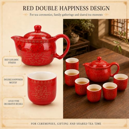 Chinese Tea Set Traditional Red Ceramic with Chinese Teapot and 6 Porcelain Teacups