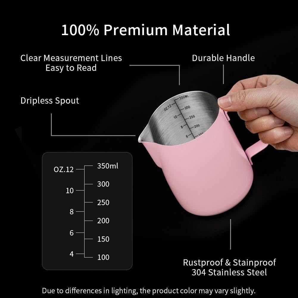 watchget Stainless Steel Milk Frothing Pitcher 12oz/350ml - Espresso Steaming Pitcher for Cappuccino, Latte Art, Coffee Machine Accessories Milk Jug Coffee Frother Cup, Pink