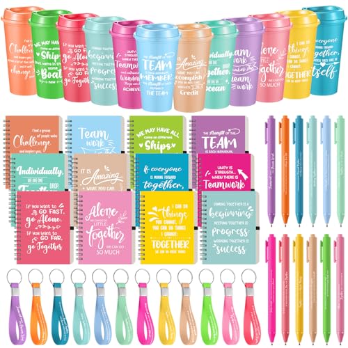 12 Set 48 Pcs Team Appreciation Gift Set Inspirational Employee Appreciation Gift Bulk 16 oz Coffee Cups with Team Notebook Pen Keychains for Staff Teacher (12 Count)