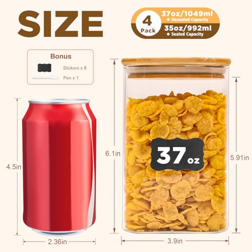 Glass Food Storage Jars Square 37oz (4 Count)
