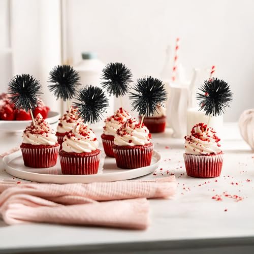 30Pcs Foil Firework Cupcake Toppers Sparkle Tinsel Cupcake Picks Happy Birthday Cake Decorations Drink Stirrers Cocktail Food Fruit Toothpicks for Baby Shower Graduation Party Supplies Black (30 Count)