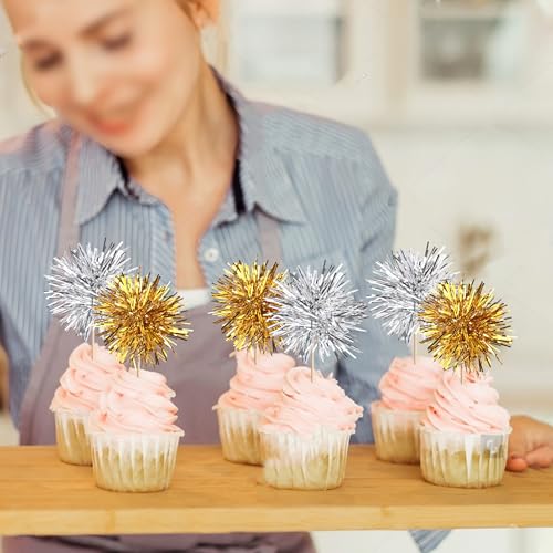 40 PCS Foil Firework Cupcake Toppers Sparkle Tinsel Cupcakae Picks Foil Firework Party Decorations Cocktail Fruit Toothpick for Fireworks Theme Birthday Wedding Graduation Party Decoration Gold Silver (40 Count)