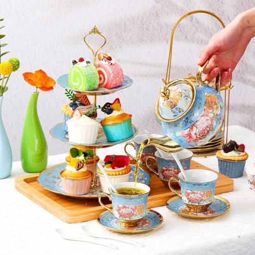 21 Pcs Porcelain Tea Set for Women Tea Party with Metal Holder and 3 Tier Cake Stand Ceramic European Floral Teapot Set for Adults Mother's Day Christmas Thoughtful Gift