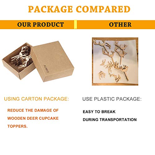 Deer Cupcake Toppers Wooden Baby Shower Woodland Antler Cake Picks Party Decorations Wedding Hunting Boho Rustic Country Birthday Party Supplies Set of 24 (24 Count)