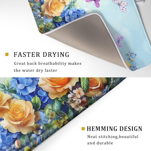 Spring Blue Yellow Hydrangeas Flowers Dish Drying Mat for Kitchen Counter