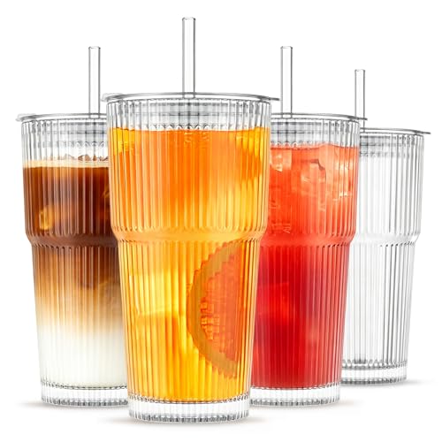 20 oz Ribbed Glass Tumblers with Lids and Glass Straws
