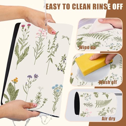 Flowers and Herbs Dish Drying Mat for Kitchen Counter Plant Bar Mat Hide Stain Absorbent Rubber Backed Coffee Maker Espresso Machine Bar Accessories 11.8 x 19.7 Inch