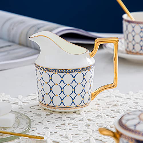 British Bone China Blue Gold Tea Cup & Saucer Set of 4 with Gift Box (15 Count)