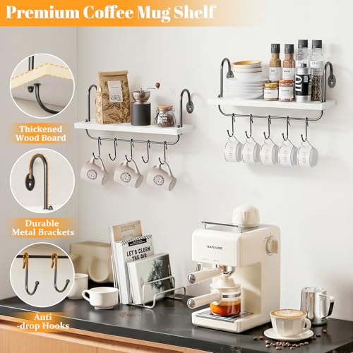 Floating Wall Shelves for Kitchen Bathroom Coffee Nook with 10 Adjustable Hooks for Mugs Cooking Utensils or Towel Rustic Storage Shelves Set of 2 (2 Count)