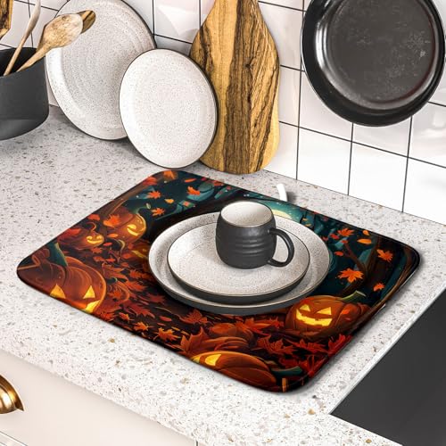 Halloween Black Cat Dish Drying Mat for Kitchen Counter