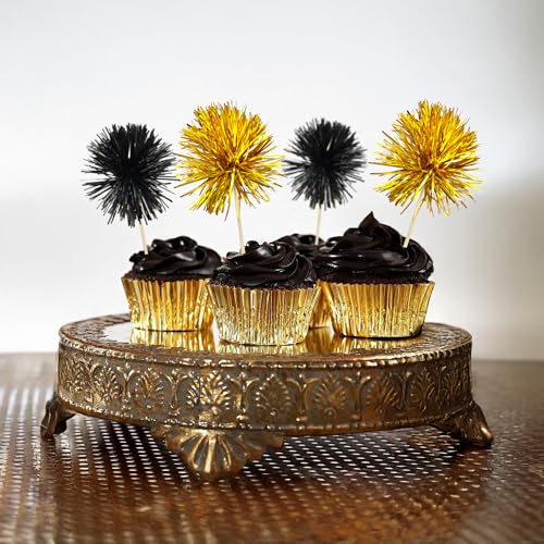 30Pcs Foil Firework Cupcake Toppers Sparkle Tinsel Cupcake Picks Happy Birthday Cake Decorations Drink Stirrers Cocktail Food Toothpicks for Baby Shower Graduation Party Supplies Black Gold (30 Count)