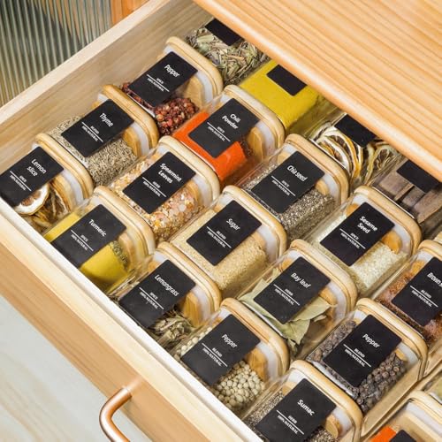 Square Glass Spice Jars with Labels 4 oz 6 Pack with Bamboo Lids (6 Count)