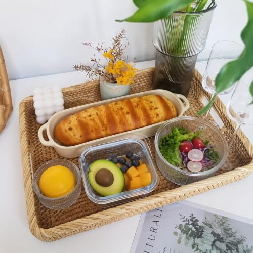 17 Inch Large Rectangular Rattan Serving Tray with Handles
