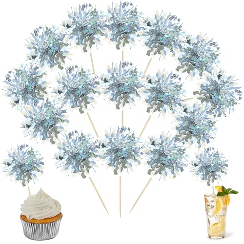 30Pcs Foil Firework Cupcake Toppers Happy Birthday Cake Toppers Tinsel Flower Drink Stirrers Cocktail Food Fruit Toothpicks for Valentine's Day Party Decorations Silver (30 Count)