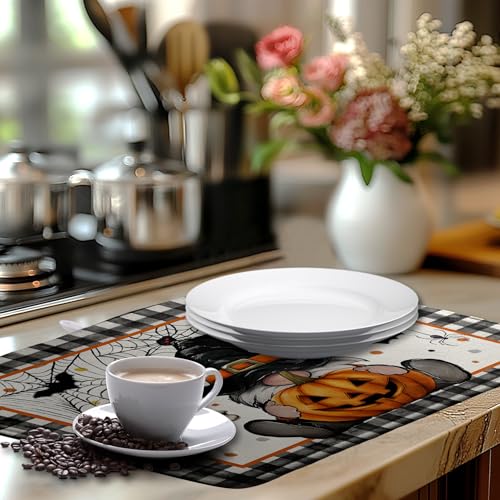 Halloween Gnomes Dish Drying Mat Bats Pumpkins Large Kitchen Mats Dish Drying Pad Buffalo Plaid Absorbent Dish Dryer Mat for Kitchen Countertops Microfiber Drainer Pad Dish Drying Mats