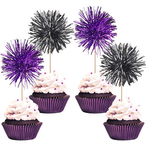 40 PCS Foil Firework Cupcake Toppers Sparkle Tinsel Cupcake Picks Fireworks Birthday Party Decorations Cocktail Fruit Toothpick for Birthday Wedding Graduation Party Decorations Supplies Black Purple (40 Count)