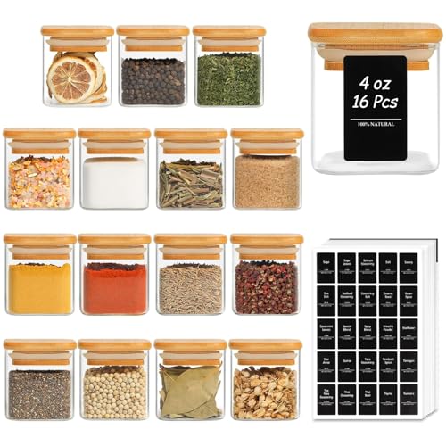 Square Glass Spice Jars with Labels 4 oz 16 Pack with Bamboo Lids (16 Count)