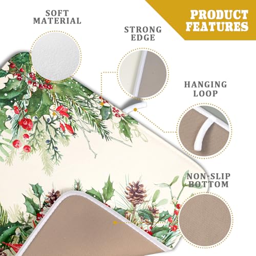 Poinsettia Dish Drying Mat for Countertop 16"x18" Christmas Red Floral Winter Holly Berries Flowers Dish Drainer Mats Microfiber Dish Drying Pad Protector for Kitchen Home Decor Small