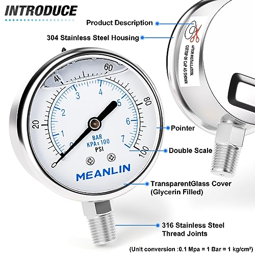 0~100Psi Liquid Filled Pressure Gauge Stainless Steel with 316 Stainless Steel Joint 1