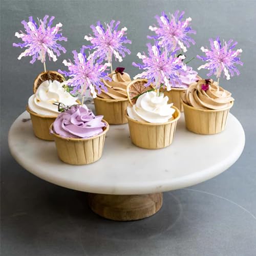 30Pcs Foil Firework Cupcake Toppers Happy Birthday Cake Toppers Tinsel Flower Drink Stirrers Cocktail Food Fruit Toothpicks for Valentine's Day Party Birthday Wedding Supplies Purple (30 Count)