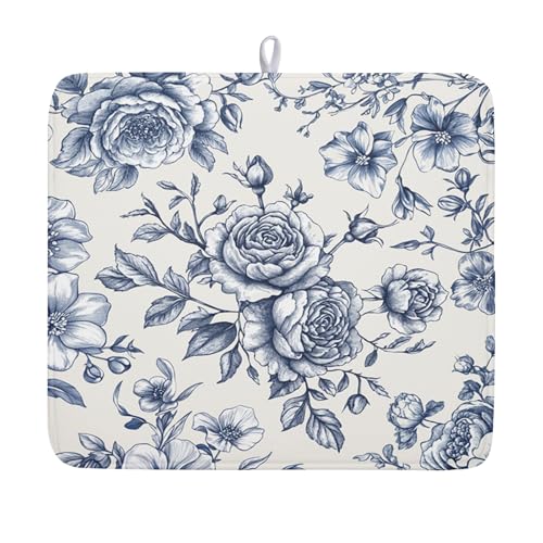 Vintage Floral Dish Drying Mat for Kitchen Counter Blue Floral Chinoiserie Pattern Dish Drying Pad 16x18 In Absorbent French Farmhouse Decor Dishes Drainer Pad Dish Dry Rack Mat for Counter Coffee Bar