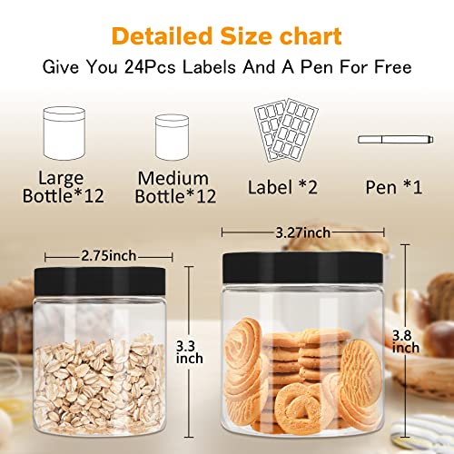 Plastic Jars with Lids 8 oz & 14 oz 24Pcs Clear Plastic Slime Storage Jars Containers with Airtight Leak Proof Black Screw On Lids Cylinder Clear Round Jar Food Grade Durable Jar (24 Count)