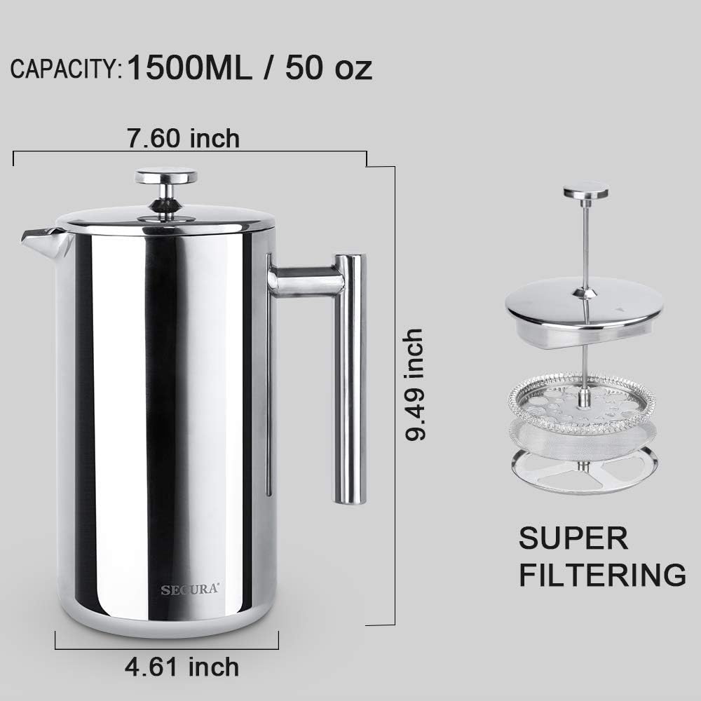 Secura French Press Coffee Maker, 304 Grade Stainless Steel Insulated Coffee Press with 2 Extra Screens, 50oz (1.5 Litre), Silver - Blissbrew