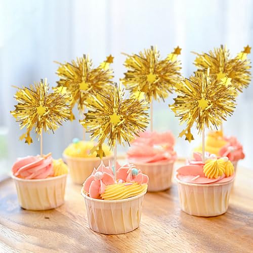 30 PCS Foil Firework Cupcake Toppers Star Cupcake Picks Sparkle Tinsel Flower Drink Stirrers Cocktail Food Fruit Toothpicks for Baby Shower Wedding Birthday Party Cake Decorations Supplies Gold (30 Count)