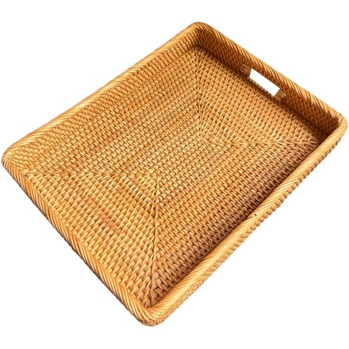 17 Inch Large Rectangular Rattan Serving Tray with Handles