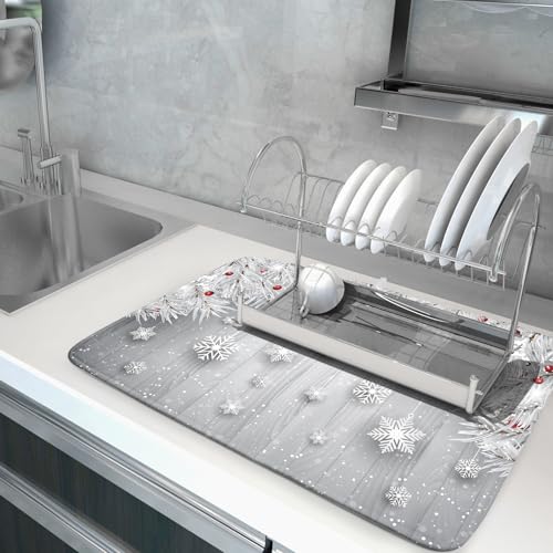 18"x24" Winter Snowflakes Dish Drying Mat Christmas Holly Berries Silver Falling Snow Dish Drainer Mats Absorbent Fast Dry Microfiber Dish Drying Pad for Kitchen Countertop Decor Large