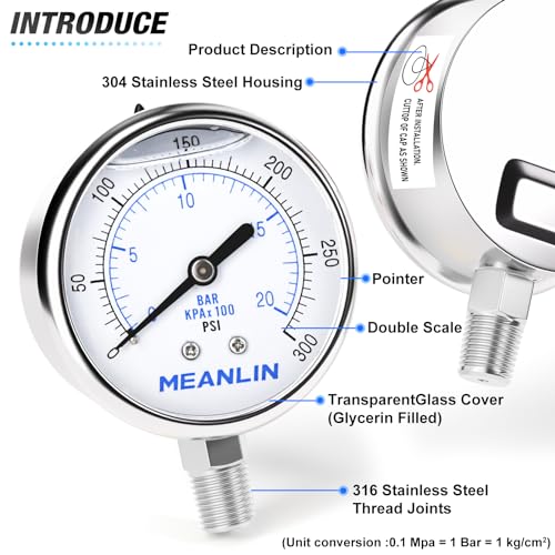 0~300Psi Liquid Filled Pressure Gauge Stainless Steel with 316 Stainless Steel Joint 1